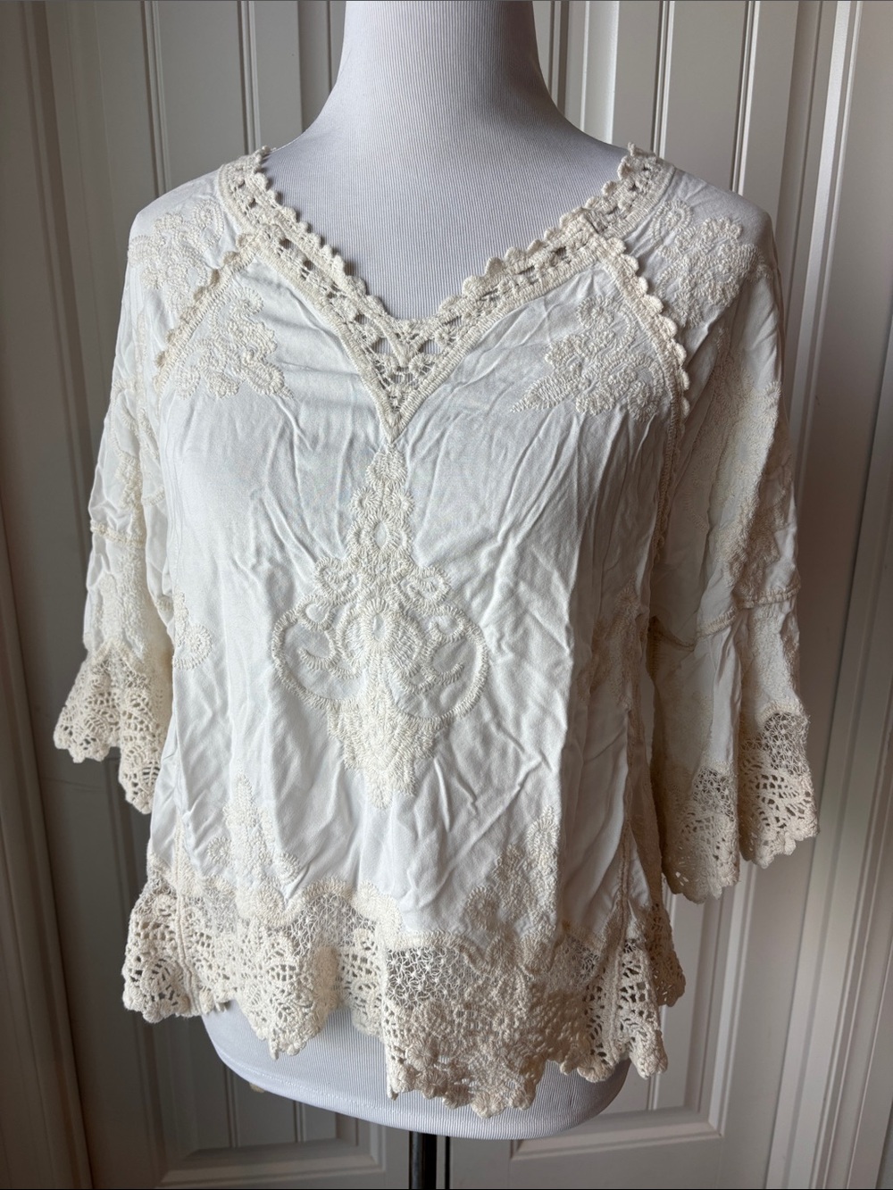 Democracy Cream Crochet-Trim Boho Blouse